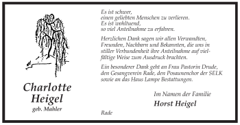 Traueranzeige von Charlotte Heigel von ALLGEMEINE ZEITUNG UELZEN