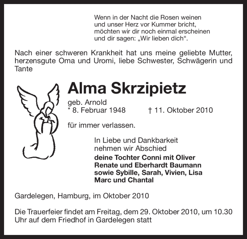  Traueranzeige für Alma Skrzipietz vom 21.10.2010 aus ALLGEMEINE ZEITUNG UELZEN