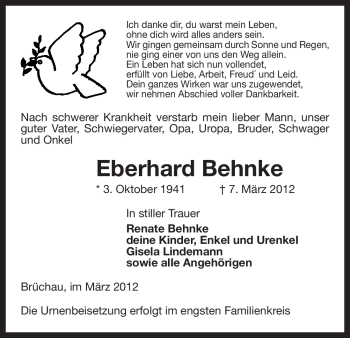 Traueranzeige von Eberhard Behnke von ALLGEMEINE ZEITUNG UELZEN