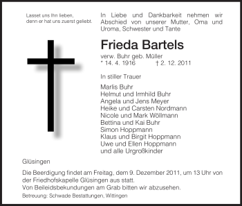 Traueranzeige von Frieda Bartels von ALLGEMEINE ZEITUNG UELZEN