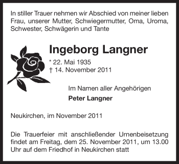 Traueranzeige von Ingeborg Langner von ALLGEMEINE ZEITUNG UELZEN