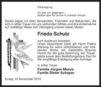 Traueranzeige von Frieda Schulz von ALLGEMEINE ZEITUNG UELZEN