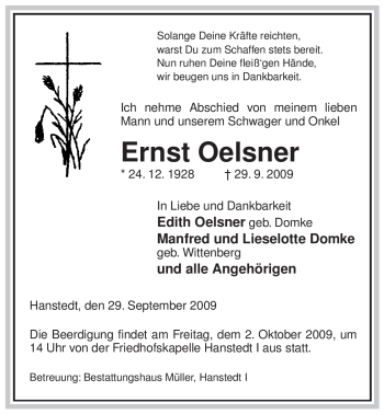 Traueranzeige von Ernst Oelsner von ALLGEMEINE ZEITUNG UELZEN