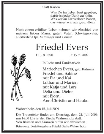 Traueranzeige von Friedel Evers von ALLGEMEINE ZEITUNG UELZEN