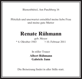 Traueranzeige von Renate Rühmann von ALLGEMEINE ZEITUNG UELZEN
