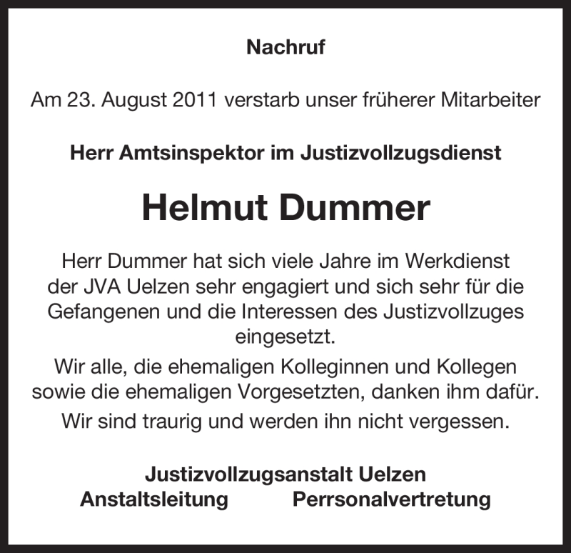  Traueranzeige für Helmut Dummer vom 30.08.2011 aus ALLGEMEINE ZEITUNG UELZEN