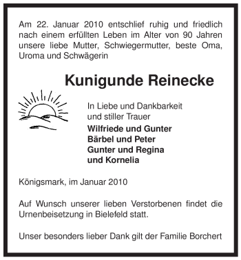 Traueranzeige von Kunigunde Reinecke von ALLGEMEINE ZEITUNG UELZEN