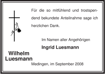 Traueranzeige von Wilhelm Luesmann von ALLGEMEINE ZEITUNG UELZEN