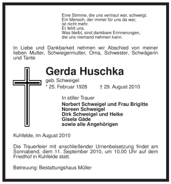 Traueranzeige von Gerda Huschka von ALLGEMEINE ZEITUNG UELZEN