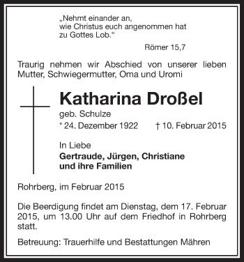 Traueranzeige von Katharina Droßel von Uelzen