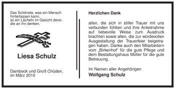 Traueranzeige von Liesa Schulz von ALLGEMEINE ZEITUNG UELZEN