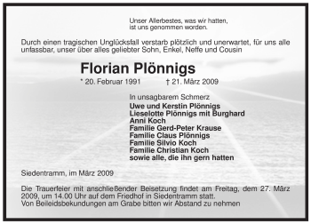 Traueranzeige von Florian Plönnigs von ALLGEMEINE ZEITUNG UELZEN