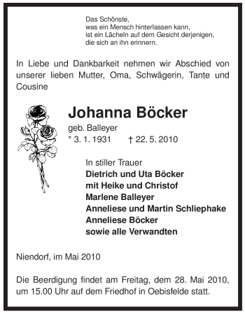 Traueranzeige von Johanna Böcker von ALLGEMEINE ZEITUNG UELZEN