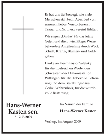 Traueranzeige von Hans-Werner Kasten sen. von ALLGEMEINE ZEITUNG UELZEN