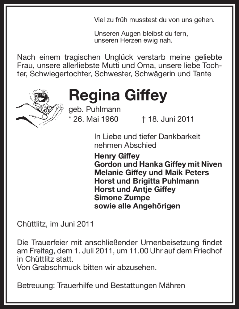  Traueranzeige für Regina Giffey vom 21.06.2011 aus ALLGEMEINE ZEITUNG UELZEN