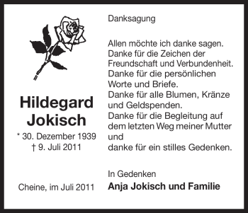 Traueranzeige von Hildegard Jokisch von ALLGEMEINE ZEITUNG UELZEN