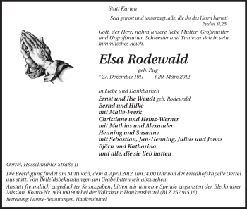 Traueranzeige von Elsa Rodewald von ALLGEMEINE ZEITUNG UELZEN