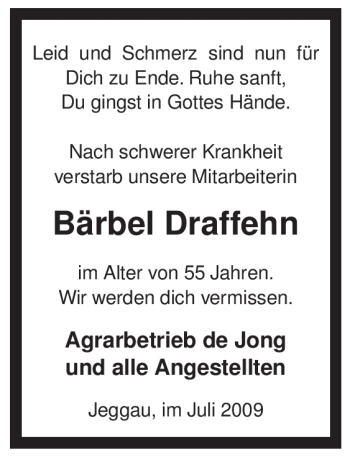 Traueranzeige von Bärbel Draffehn von ALLGEMEINE ZEITUNG UELZEN