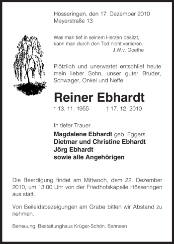 Traueranzeige von Reiner Ebhardt von ALLGEMEINE ZEITUNG UELZEN