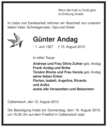 Traueranzeige von Günter Andag von ALLGEMEINE ZEITUNG UELZEN