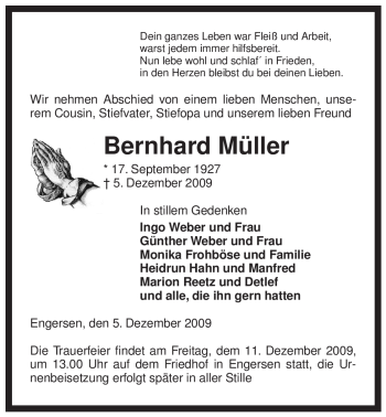 Traueranzeige von Bernhard Müller von ALLGEMEINE ZEITUNG UELZEN