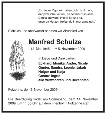 Traueranzeige von Manfred Schulze von ALLGEMEINE ZEITUNG UELZEN