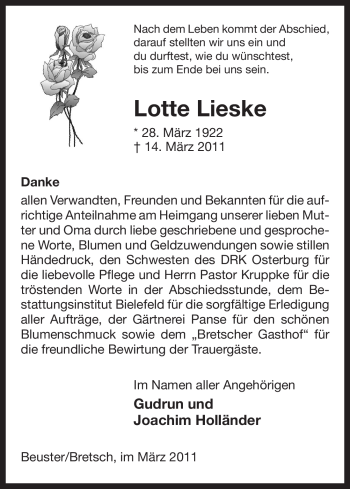 Traueranzeige von Lotte Lieske von ALLGEMEINE ZEITUNG UELZEN