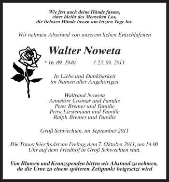 Traueranzeige von Walter Noweta von ALLGEMEINE ZEITUNG UELZEN