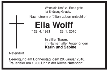 Traueranzeige von Ella Wolff von ALLGEMEINE ZEITUNG UELZEN