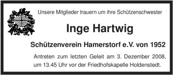 Traueranzeige von Inge Hartwig von ALLGEMEINE ZEITUNG UELZEN