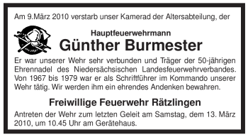 Traueranzeige von Günther Burmester von ALLGEMEINE ZEITUNG UELZEN