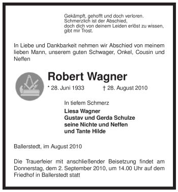 Traueranzeige von Robert Wagner von ALLGEMEINE ZEITUNG UELZEN