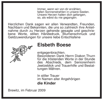 Traueranzeige von Elsbeth Boese von ALLGEMEINE ZEITUNG UELZEN