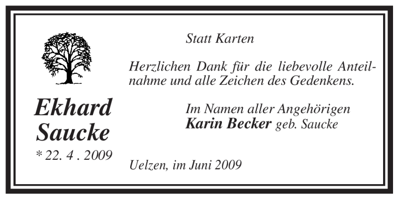  Traueranzeige für Ekhard Saucke vom 27.06.2009 aus ALLGEMEINE ZEITUNG UELZEN