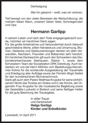 Traueranzeige von Hermann Garlipp von ALLGEMEINE ZEITUNG UELZEN