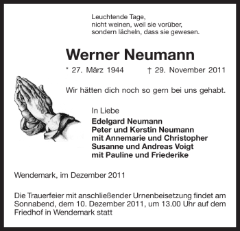 Traueranzeige von Werner Neumann von ALLGEMEINE ZEITUNG UELZEN