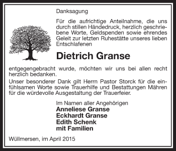 Traueranzeige von Dietrich Granse von Uelzen