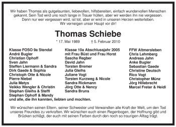 Traueranzeige von Thomas Schiebe von ALLGEMEINE ZEITUNG UELZEN