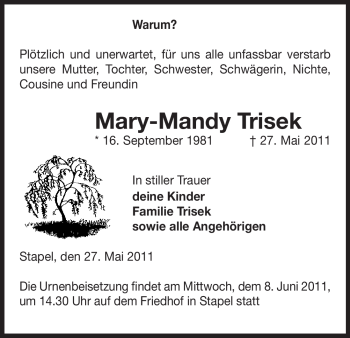 Traueranzeige von Mary-Mandy Trisek von ALLGEMEINE ZEITUNG UELZEN