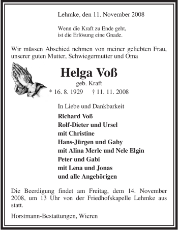 Traueranzeige von Helga Voß von ALLGEMEINE ZEITUNG UELZEN