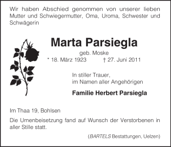Traueranzeige von Marta Parsiegla von ALLGEMEINE ZEITUNG UELZEN