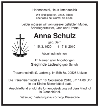 Traueranzeige von Anna Schulz von ALLGEMEINE ZEITUNG UELZEN