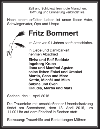 Traueranzeige von Fritz Bommert von Uelzen