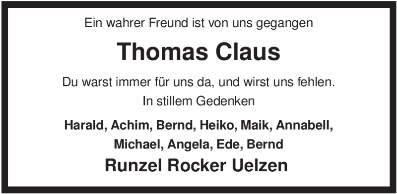  Traueranzeige für Thomas Claus vom 25.11.2008 aus ALLGEMEINE ZEITUNG UELZEN