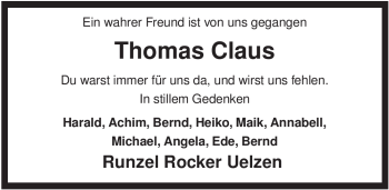 Traueranzeige von Thomas Claus von ALLGEMEINE ZEITUNG UELZEN