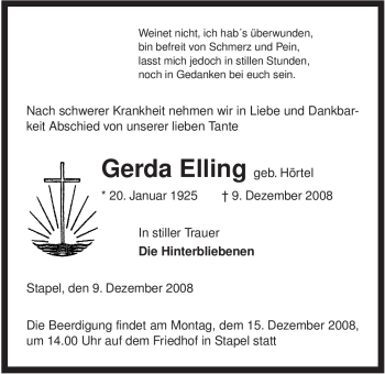 Traueranzeige von Gerda Elling von ALLGEMEINE ZEITUNG UELZEN