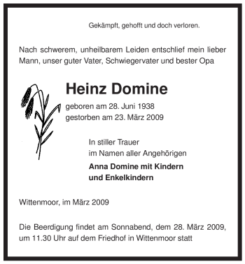 Traueranzeige von Heinz Domine von ALLGEMEINE ZEITUNG UELZEN
