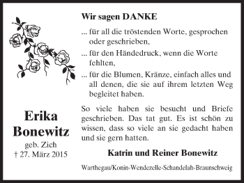 Traueranzeige von Erika Bonewitz von Uelzen