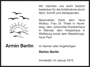 Traueranzeige von Armin Berlin von Uelzen