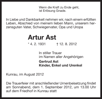 Traueranzeige von Artur Ast von ALLGEMEINE ZEITUNG UELZEN